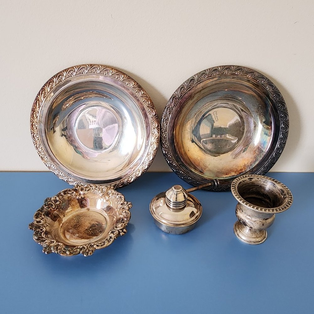 SILVER SERVING PIECES, SMALL BOWL, TRAY, PLATE, OIL LAMP, MINI VASE